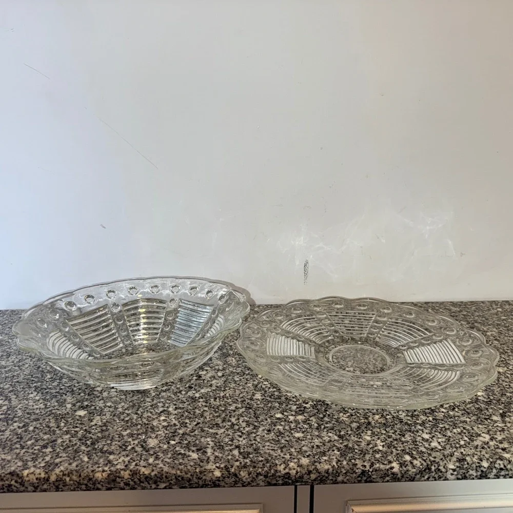 Vintage Serving Bowl and Platter Set Clear Pressed Glass Scalloped Edge